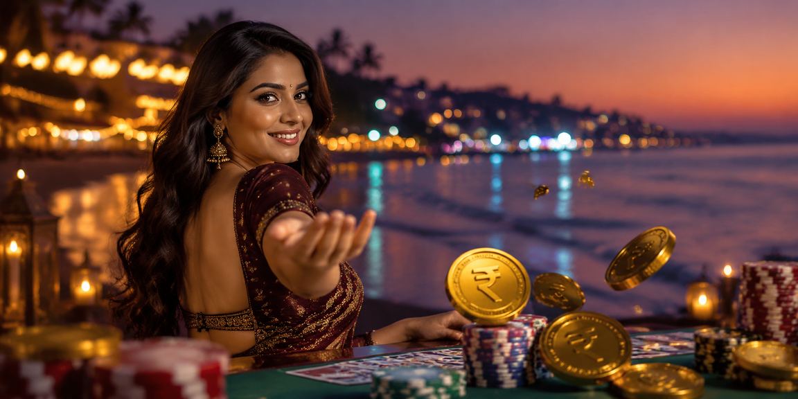 Teen Patti card game scene on a beach in Goa with rupee notes