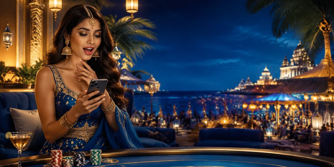 Mobile casino gaming in India with blue and gold theme