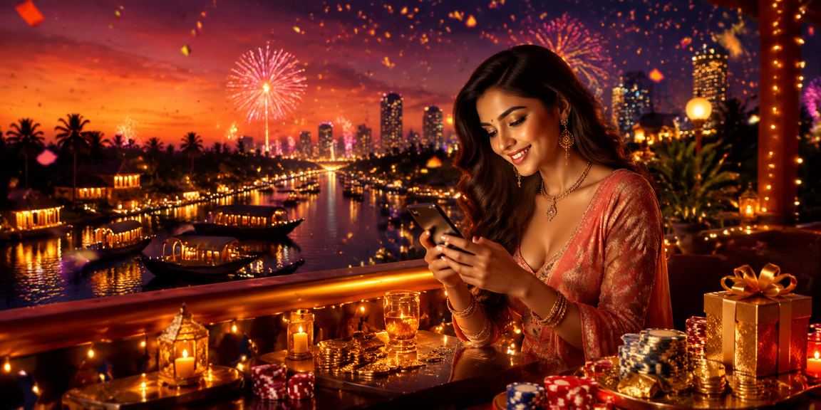 Mobile user enjoying casino app in Kerala backwaters night market