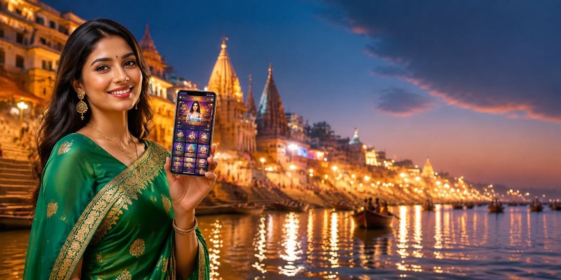 Teen Patti game being played on mobile device at Varanasi riverside
