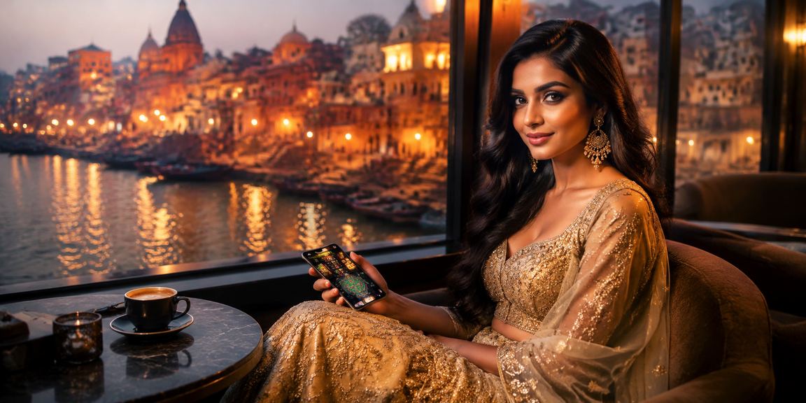 Woman using mobile to place sports bets at Varanasi ghat